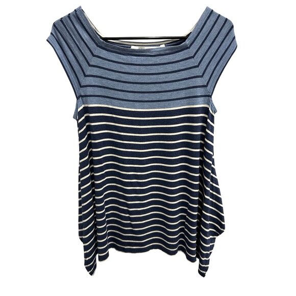 Max Studio Striped Blue White Cap Sleeve Top Shark Bite Tunic Sz Small - Picture 1 of 10